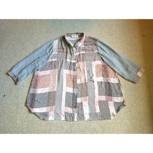 Womens Top-ROSE + OLIVE-black/pink/wht silky sheer patchwork button-up 3/4 sl-3X